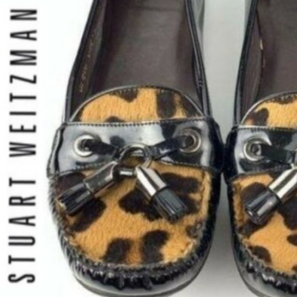 STUART WEITZMAN Tassel Leopard Hair Calf Loafer Flats